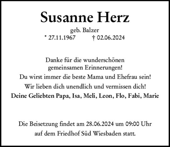 Traueranzeige von Susanne Herz von Wiesbadener Kurier