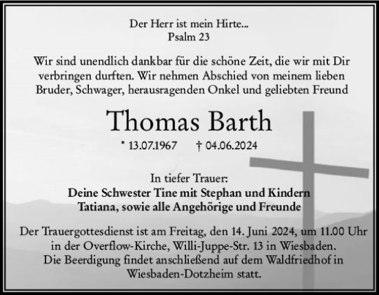 Traueranzeige von Thomas Barth von Wiesbadener Kurier