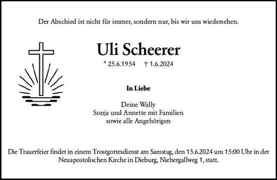 Traueranzeige von Uli Scheerer von Dieburger Anzeiger/Groß-Zimmerner Lokal-Anzeiger