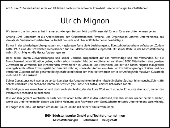 Traueranzeige von Ulrich Mignon von Wetzlarer Neue Zeitung