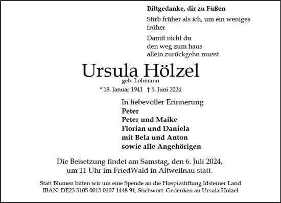 Traueranzeige von Ursula Hölzel von Idsteiner Land/Untertaunus
