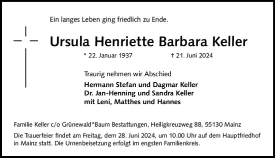 Traueranzeige von Ursula Henriette Barbara Keller von Allgemeine Zeitung Mainz
