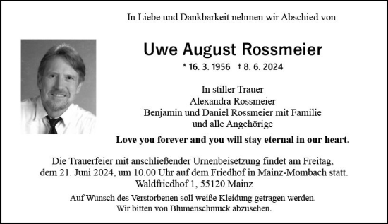 Traueranzeige von Uwe August Rossmeier von Hochheimer Zeitung
