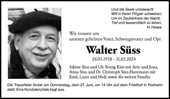 Traueranzeige von Walter Süss von Allgemeine Zeitung Bad Kreuznach