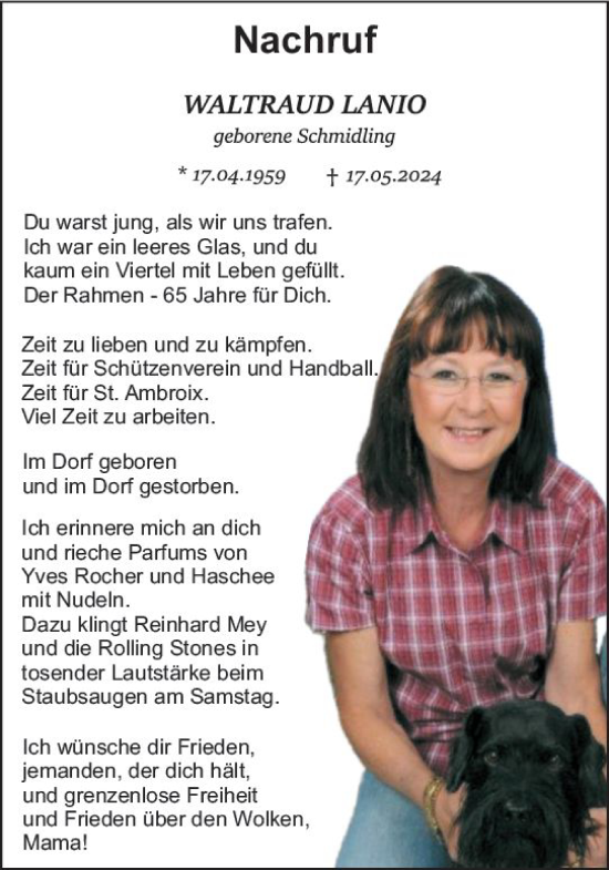 Traueranzeige von Waltraud Lanio von Wetzlarer Neue Zeitung