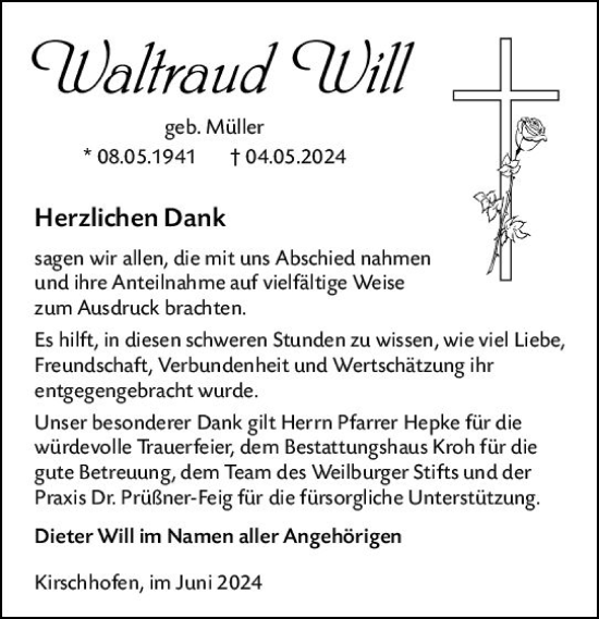 Traueranzeige von Waltraud Will von Weilburger Tageblatt
