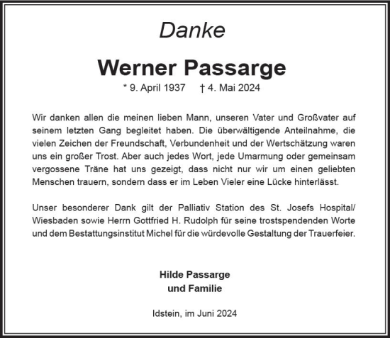 Traueranzeige von Werner Passarge von Idsteiner Land/Untertaunus