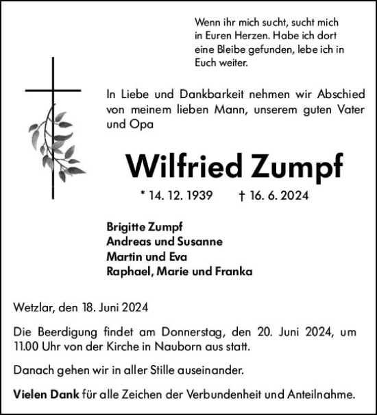 Traueranzeige von Wilfried Zumpf von Wetzlarer Neue Zeitung