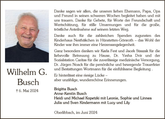 Traueranzeige von Wilhelm G. Busch von Wiesbadener Kurier