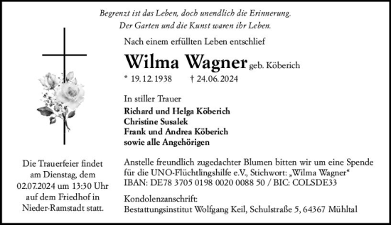 Traueranzeige von Wilma Wagner von Darmstädter Echo