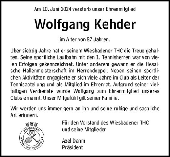 Traueranzeige von Wolfgang Kehder von Wiesbadener Kurier