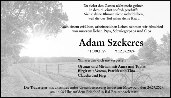 Traueranzeige von Adam Szekeres von Odenwälder Echo