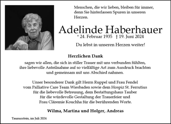 Traueranzeige von Adelinde Haberhauer von Idsteiner Land/Untertaunus