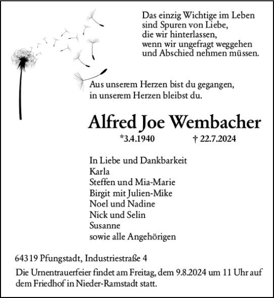 Traueranzeige von Alfred Wembacher von Darmstädter Echo