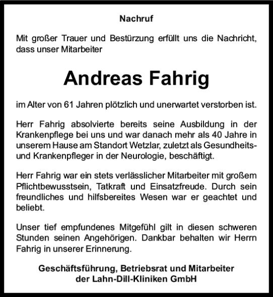 Traueranzeige von Andreas Fahrig von Wetzlarer Neue Zeitung