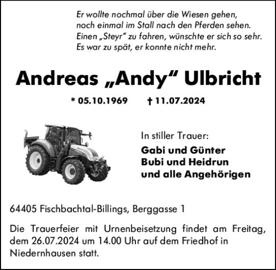 Traueranzeige von Andy Ulbicht von Darmstädter Echo