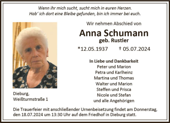 Traueranzeige von Anna Schumann von Dieburger Anzeiger/Groß-Zimmerner Lokal-Anzeiger