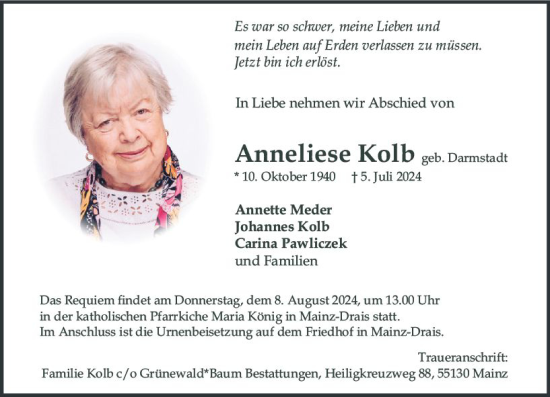 Traueranzeige von Anneliese Kolb von Allgemeine Zeitung Mainz