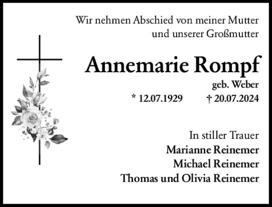 Traueranzeige von Annemarie Rompf von Wiesbadener Kurier