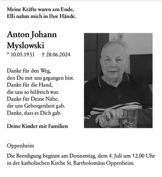 Traueranzeige von Anton Johann Myslowski von Allgemeine Zeitung Mainz