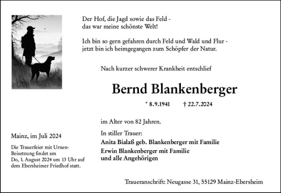 Traueranzeige von Bernd Blankenberger von Allgemeine Zeitung Mainz