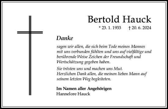 Traueranzeige von Bertold Hauck von Allgemeine Zeitung Mainz