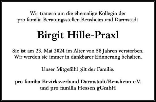 Traueranzeige von Birgit Hille-Praxl von Starkenburger Echo