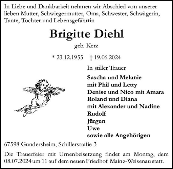 Traueranzeige von Brigitte Diehl von Allgemeine Zeitung Mainz