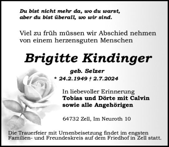Traueranzeige von Brigitte Kindinger von Odenwälder Echo