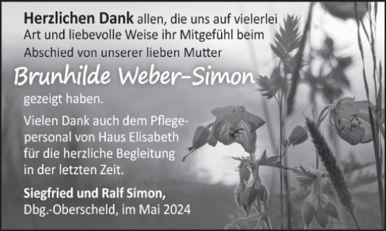Traueranzeige von Brunhilde Weber-Simon von Dill Block