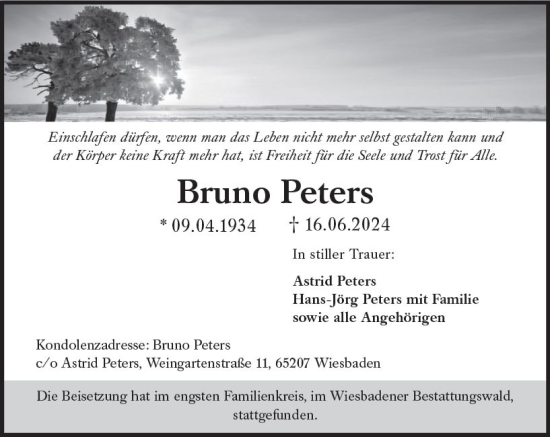 Traueranzeige von Bruno Peters von Wiesbadener Kurier
