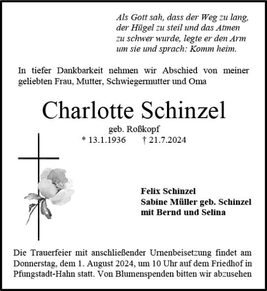 Traueranzeige von Charlotte Schinzel von Darmstädter Echo
