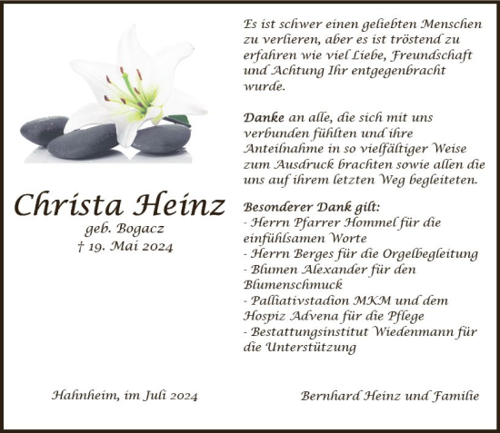 Traueranzeige von Christa Heinz von Allgemeine Zeitung Mainz