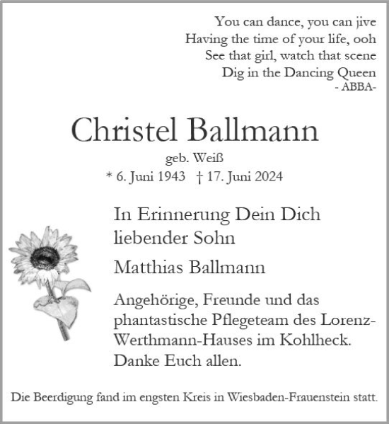 Traueranzeige von Christel Ballmann von Wiesbadener Kurier
