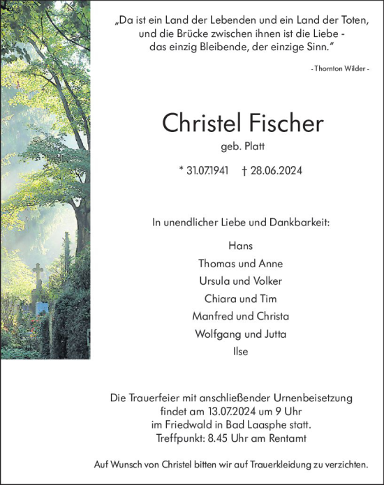 Traueranzeige von Christel Fischer von Hinterländer Anzeiger