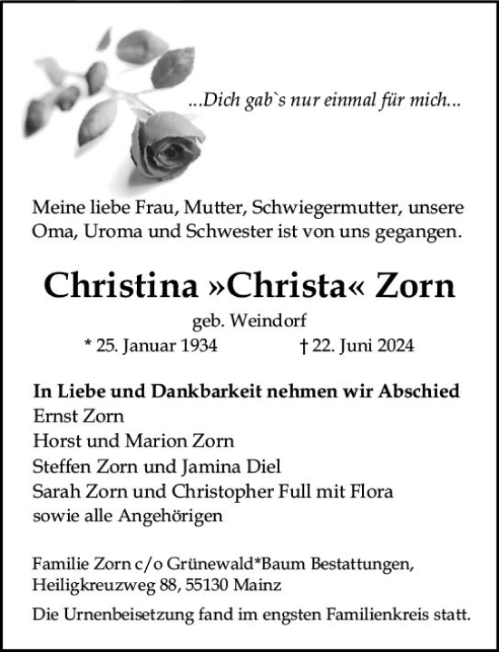 Traueranzeige von Christina Zorn von Allgemeine Zeitung Alzey