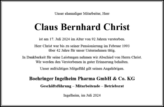 Traueranzeige von Claus Bernhard Christ von Allgemeine Zeitung Rheinhessen-Nahe