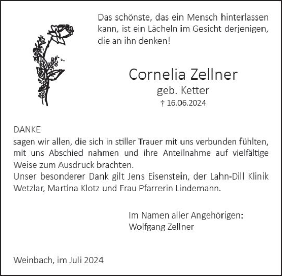 Traueranzeige von Cornelia Zellner von Weilburger Tageblatt