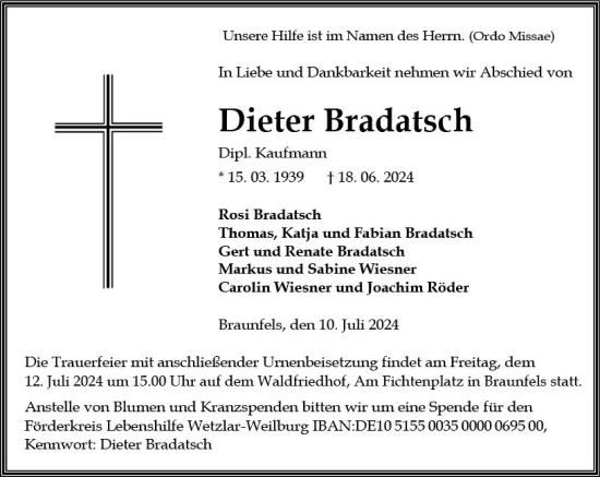 Traueranzeige von Dieter Bradatsch von Wetzlarer Neue Zeitung
