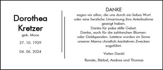 Traueranzeige von Dorothea Kretzer von Dill Block