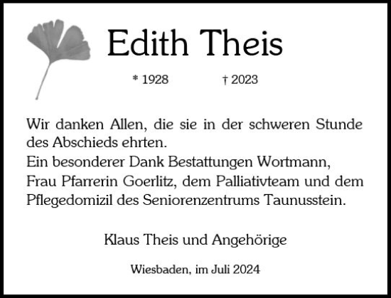 Traueranzeige von Edith Theis von Wiesbadener Kurier