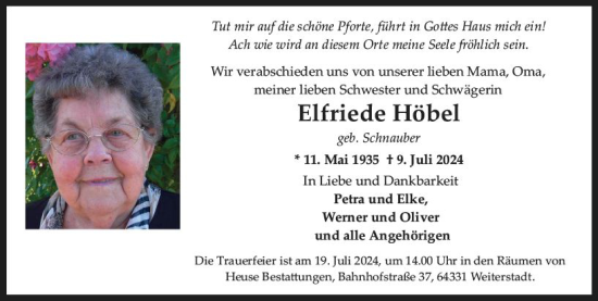 Traueranzeige von Elfriede Höbel von Darmstädter Echo