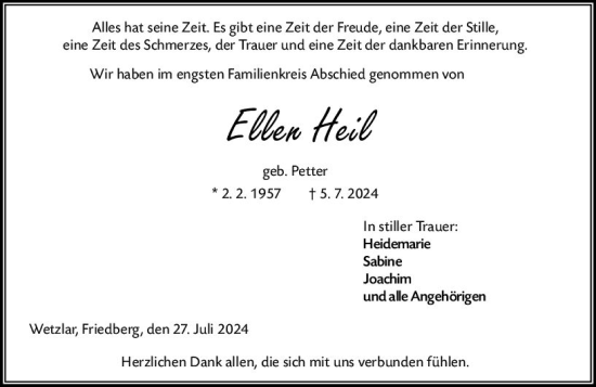 Traueranzeige von Ellen Heil von Wetzlarer Neue Zeitung