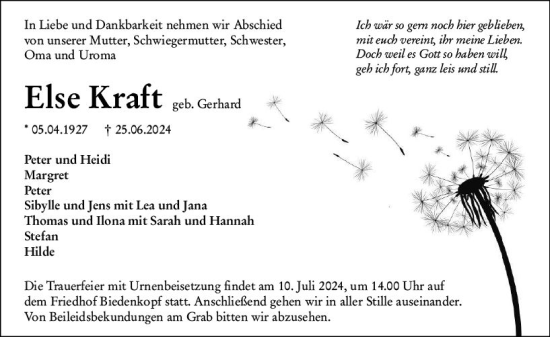 Traueranzeige von Else Kraft von Hinterländer Anzeiger