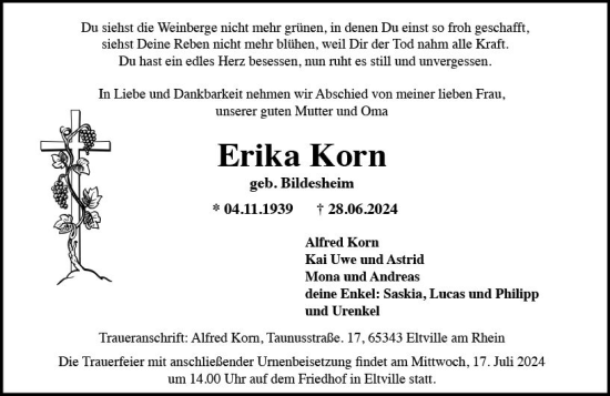 Traueranzeige von Erika Korn von Rheingau Kurier