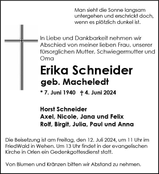 Traueranzeige von Erika Schneider von Wiesbadener Kurier