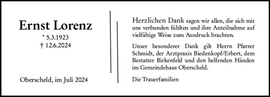 Traueranzeige von Ernst Lorenz von Dill Block