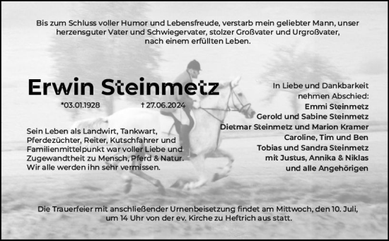 Traueranzeige von Erwin Steinmetz von Wiesbadener Kurier