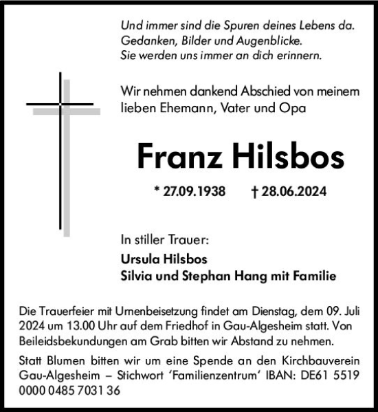 Traueranzeige von Franz Hilsbos von Allgemeine Zeitung Rheinhessen-Nahe