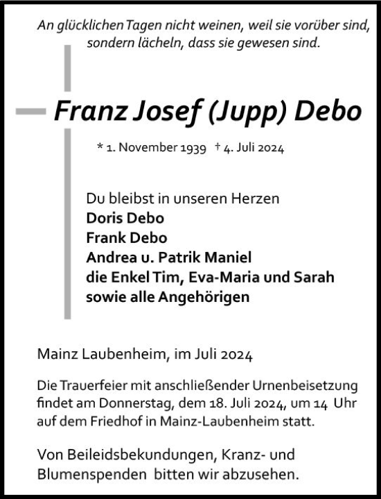 Traueranzeige von Franz Josef Debo von Allgemeine Zeitung Mainz